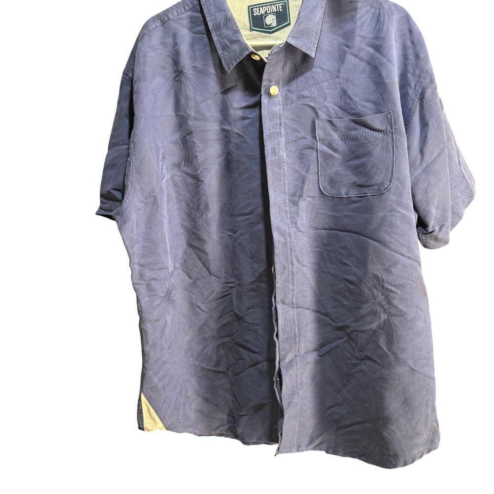 Seapointe Mens XL Blue Tonal Tropical Palm Leaf‎ Jacquard Short Sleeve Shirt